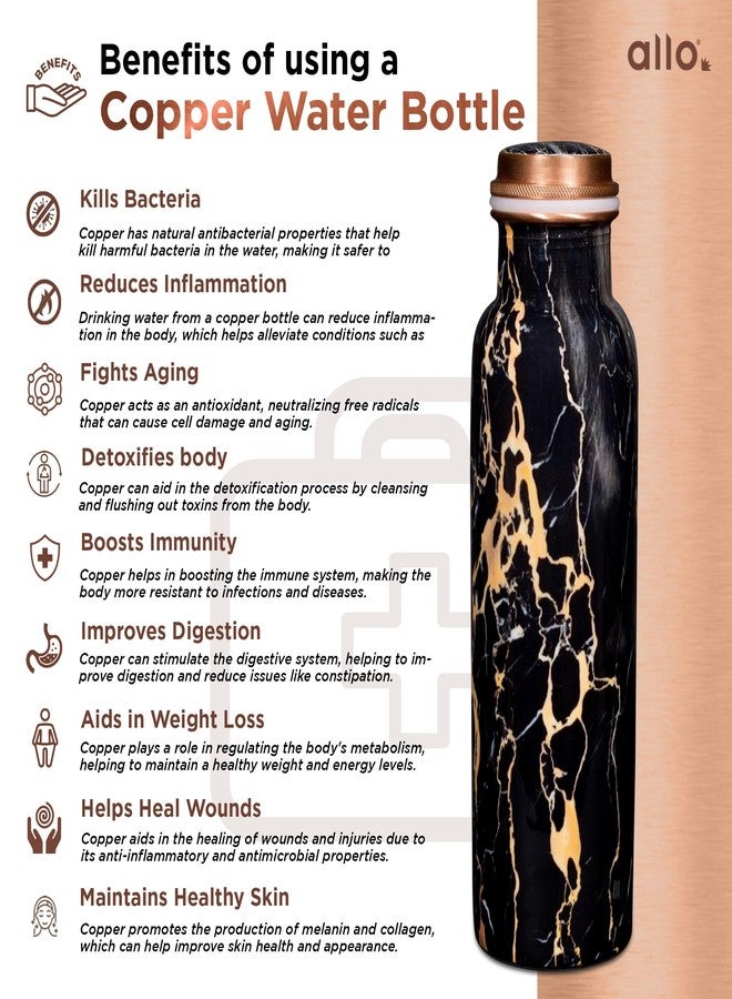 Allo Pure Copper Water Bottle 1 Litre Copper Bottle | Alkaline and Anti Oxidant | 100% Leak Proof, Office, Gym Bottle, Modern Tamba Bottle for Adults, Best Gift for Diwali (Black Natural Marble) - Image 4